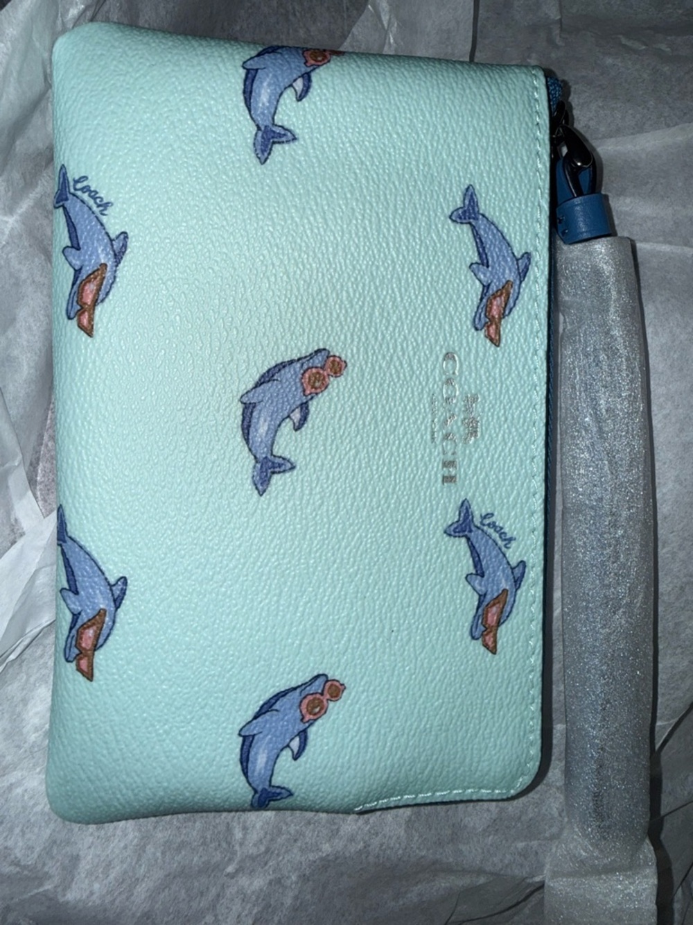 Coach Dolphin Print Wristlet with Blue Accents